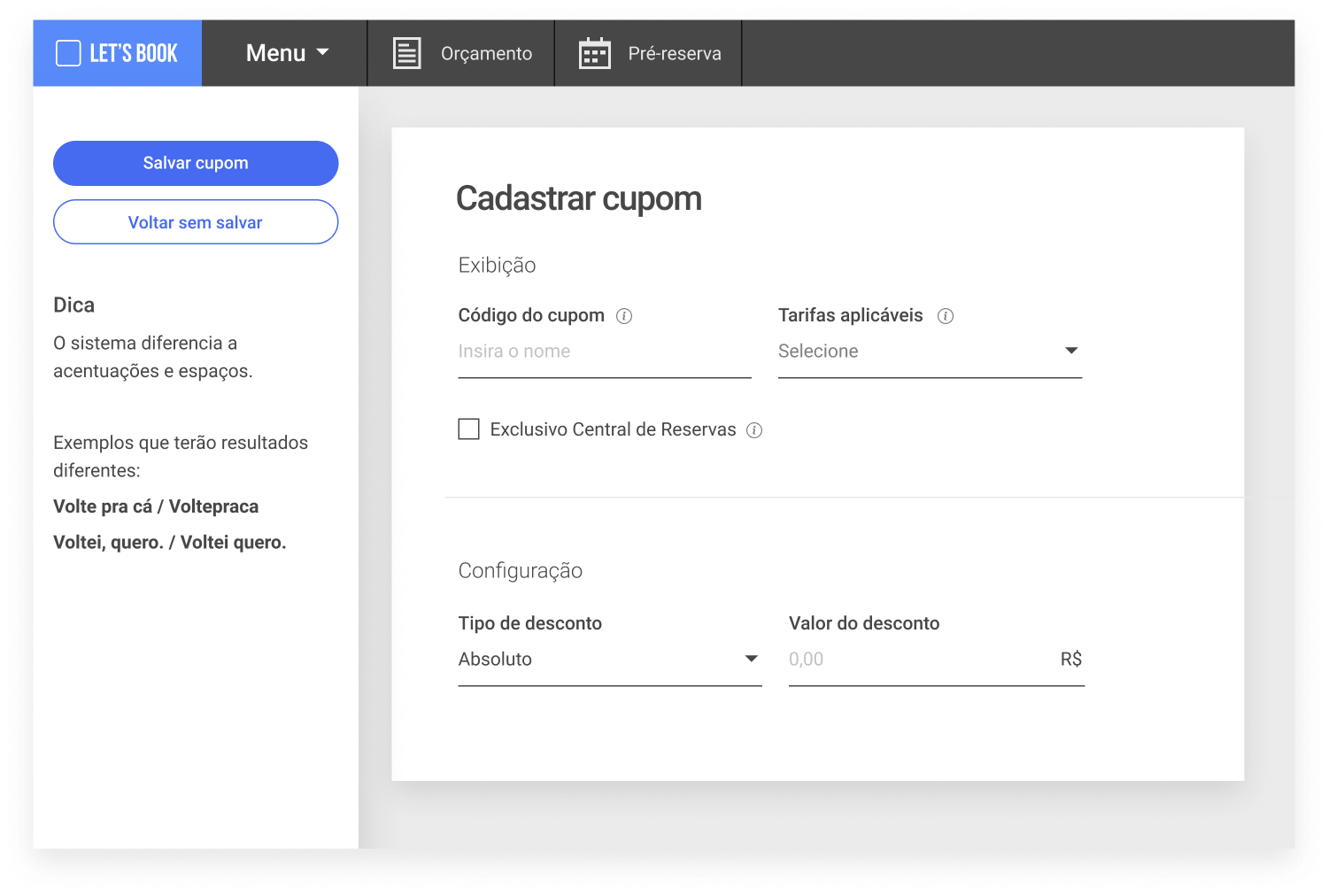 Tela do letsbook no cadastro de cupom